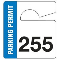Parking Permit Tag, Numbered 200-299, Blue, 3in x 2.75in, Laminated PF-Cardstock, 100PK