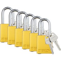 Safety Lockout Padlock, Keyed Different, 1-1/2in, Aluminum/Steel, Yellow, 6/PK