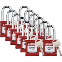 Safety Lockout Padlock, Keyed Different, 1-1/2in, Plastic/Steel, Red, 12/PK