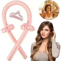 Heatless Curling Hair Rollers with Hairclip and Two Scrunchies - Pink