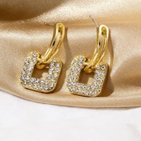 Womens Gold Plated Square Drop Diamante Earrings