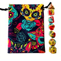 Funky Multicolour Skull Dice Set & Bag | x7 Polyhedreal Dice Set v2