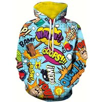 Retro Comic Style Letter Print Men's Hooded Sweatshirt With Drawstring And Kangaroo Pocket