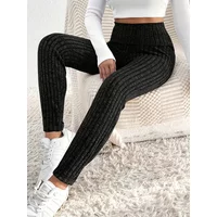 Women's High Waisted Ribbed Skinny Leggings - Black