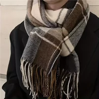 Checkered Knit Scarf with Tassels - Brown/Beige