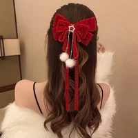 Red Velvet Long-Tail Christmas Bow Hair Clip