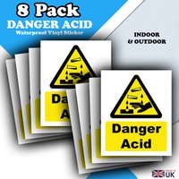 Danger Acid Vinyl Stickers - 8 Pack - Waterproof Safety Decals 110mm x 90mm