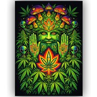 TRIPPY WEED POSTER MARIJUANA PSYCHEDELIC WALL ART A3 – GREEN GOD CANNABIS SPIRIT STONER ROOM DECOR