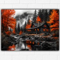 Autumn Forest Cabin Poster A3 – Orange Glow Mountain Cabin Wall Art Print – Monochrome Nature Landscape Decor