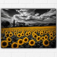Sunflower Field Poster A3 – Countryside Wall Art Print – Black & White Landscape with Yellow Sunflowers