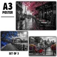 Cityscape & Travel Posters Set of 3 – A3 Wall Art Prints – Paris Sydney Amsterdam Decor
