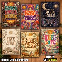 Hippie Posters A3 Retro 70s Psychedelic Boho Celestial Flower Power Wall Art