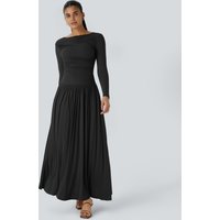 Halara Ribbed Boat Neck Long Sleeve Ruched Side Pocket Flowy Maxi Casual Dress - Black - XL