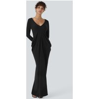 Halara Deep V Neck Long Sleeve Stacked Ruched Maxi Casual Dress - Black - XL