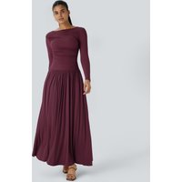 Halara Ribbed Boat Neck Long Sleeve Ruched Side Pocket Flowy Maxi Casual Dress - Maroon Banner - XL