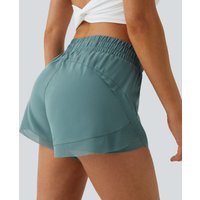 Halara Mid Rise Drawstring Contrast Mesh 2-in-1 Flowy Running Shorts 3'' - Mineral Blue - XL