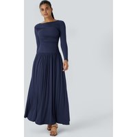 Halara Ribbed Boat Neck Long Sleeve Ruched Side Pocket Flowy Maxi Casual Dress - Nightfall Blue - XL