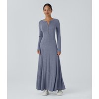 Halara Henley Long Sleeve Flare Maxi Casual Dress - Mottled Indigo - XL