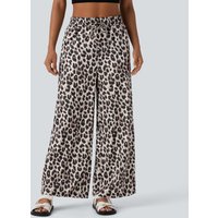 Halara High Waisted Drawstring Pocket Leopard Print Wide Leg Casual Trousers - Gold Leopard Print - XL(tall)