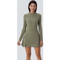 Halara Ribbed Knit Stand Collar Long Sleeve Mini Fleece Casual Dress - Moss Green Floral Velvet - XL