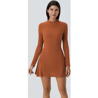 Halara Ribbed Knit Stand Collar Long Sleeve Mini Fleece Casual Dress - Orange Floral Velvet - XL