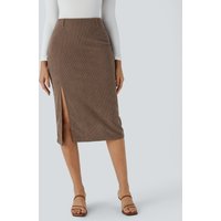 Halara High Waisted Invisible Zipper Split Hem Midi Corduroy Casual Skirt - Acorn - XL(regular)