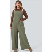 Halara Ribbed Knit Fleece Casual Plus Size Dungarees with Pockets - Moss Green Floral Velvet - 3X(regular)