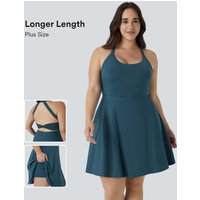 Halara U Neck Backless Twisted Cut Out 2-in-1 Side Pocket Mini Barre Ballet Dance Plus Size Dress-Longer Length - Majolica Blue - 3X(Long)