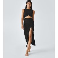 Halara Round Neck Twisted Cut Out Ruched Drawstring Split Hem Bodycon Maxi Casual Dress - Black - XL