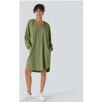 Halara Drawstring Hooded Long Sleeve Side Pocket High Low Curved Hem Oversize Mini Waffle Casual Sweatshirt Dress - Loden Green - XL