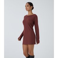 Halara Boat Neck Raglan Sleeve Thumb Hole Split Hem Waffle Casual Sweatshirt Dress - Oxblood Red - XS