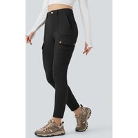 Halara High Waisted Skinny Fleece Hiking Cargo Trousers with Pockets - Black - XL(regular)
