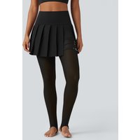 Halara Breezeful™ High Waisted Pleated 2-in-1 Contrast Mesh Quick Dry Dance Stirrup Skirted Leggings with Pockets - Black - XL(petite)