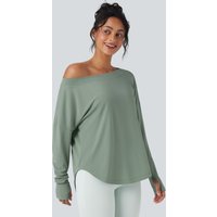 Halara One Shoulder Long Sleeve Thumb Hole Curved Hem High Low Quick Dry Yoga Sports Top - Iceberg Green - XL