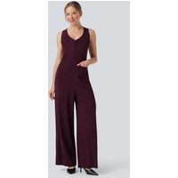 Halara V Neck Sleeveless Cut Out Pockets Wide Leg Stripe InstantCool Work Jumpsuit - Burgundy Pinstripe - XL(regular)