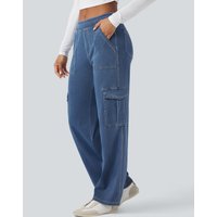 Halara Halara Flex™ Mid Rise Pockets Straight Leg Casual Cargo Jeans - Light Floral Blue Denim - XL(regular)
