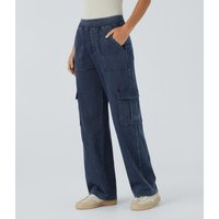 Halara Halara Flex™ Mid Rise Pockets Straight Leg Casual Cargo Jeans - Washed Denim Navy Blue - XL(petite)