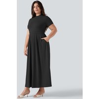 Halara Plus Size Stand Collar Short Sleeve Flare Maxi Casual Dress with Pockets - Black - 3X