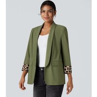 Halara Lapel Long Sleeve Leopard Print Twill Work Blazer with Pockets - Calliste Green - XL