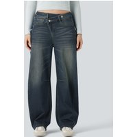 Halara Halara Flex™ Asymmetric Mid Rise Barrel Leg Washed Casual Jeans with Pockets - Blue Surf Denim - XL(regular)