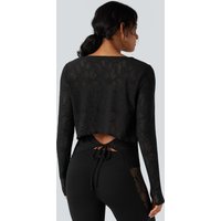 Halara Round Neck Long Sleeve Thumb Holes Tie Back Yoga Lace Sports Top - Black - XL