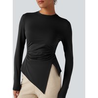 Halara Long Sleeve Ruched Split Hem Casual T-Shirt - Black - L