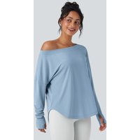 Halara One Shoulder Long Sleeve Thumb Hole Curved Hem High Low Quick Dry Yoga Sports Top - Angel Falls - XL