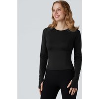 Halara SoftlyZero™ Airy Round Neck Long Sleeve Thumb Hole Contrast Mesh InstantCool Yoga Sports Top - Black - L
