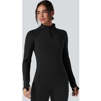 Halara Stand Collar Half Zip Long Sleeve Thumb Hole Fleece Hiking Sports Top - Black - XL