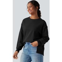 Halara Round Neck Long Sleeve Split Hem Waffle Casual Sweatshirt - Black - XL
