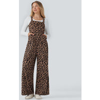 Halara Leopard Print Waffle Casual Dungarees with Pockets - Noir Safari - XL(regular)