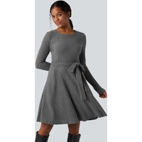 Halara Ribbed Knit Round Neck Long Sleeve Belted Fleece Casual Dress with Pockets - Mottled Dark Gray - M