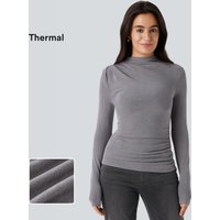 Halara Funnel Neck Long Sleeve Ruched Skinny Thermal Casual Top - Mottled Cloud Grey - XL