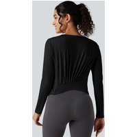 Halara Round Neck Long Sleeve Pleated Yoga Sports Top with Pocket - Black - XL